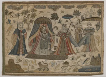 De ontmoeting van koning Salomo en de koningin van Sheba, ca. 1650 (zijdeborduurwerk)